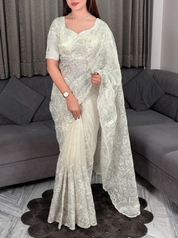 Swasti - white Chandi silk Organza Saree with Embroidery