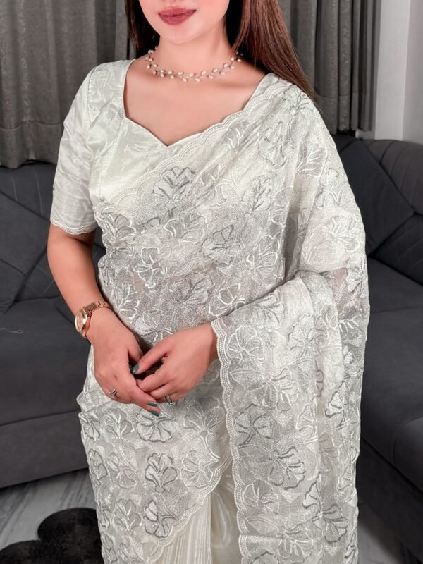 Swasti - white Chandi silk Organza Saree with Embroidery