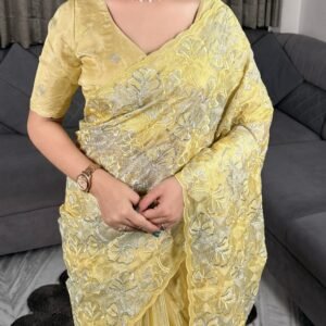 Swasti 002- yellow Chandi silk Organza Saree with Embroidery