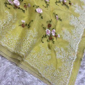 Shruv-002- yellow soft  Organza Saree with turkish style Embroidery