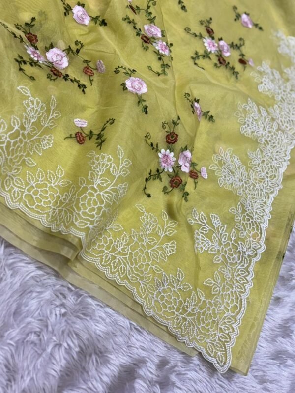 Shruv-002- yellow soft  Organza Saree with turkish style Embroidery