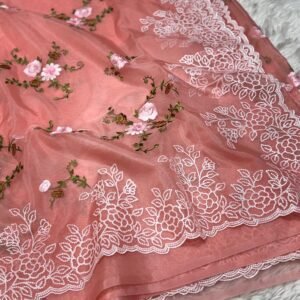 Shruv-001- peach soft  Organza Saree with turkish style Embroidery