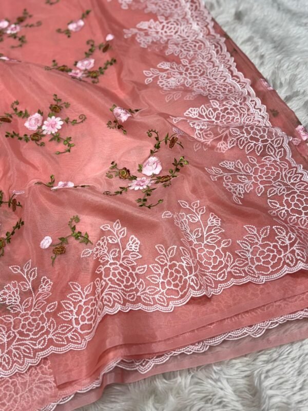 Shruv-001- peach soft  Organza Saree with turkish style Embroidery