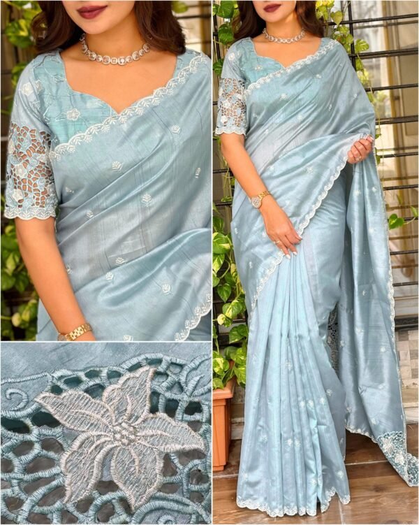 Queen 002 - Blended tussar with corner cutwork and embroidery
