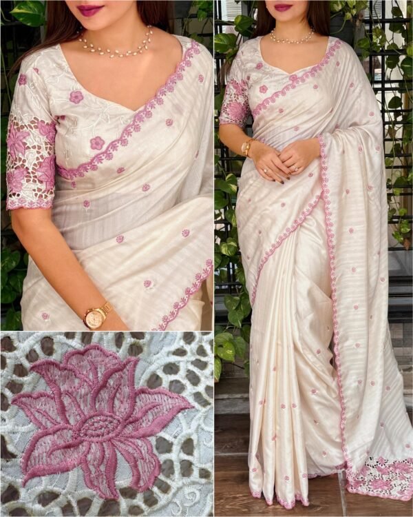 Queen 001 - Blended tussar with corner cutwork and embroidery