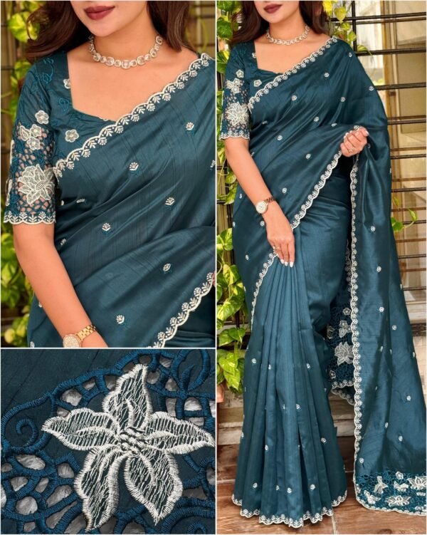 Queen 005 - Blended tussar with corner cutwork and embroidery