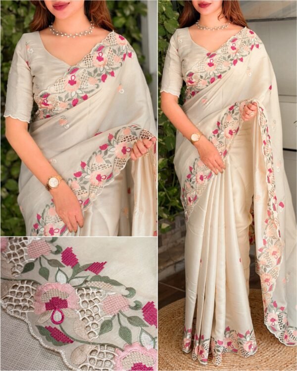 Elly 005- korean tussar saree embroidery and cutwork