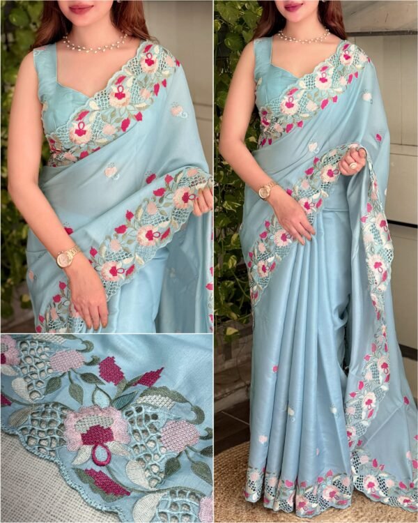 Elly 003- korean tussar saree embroidery and cutwork