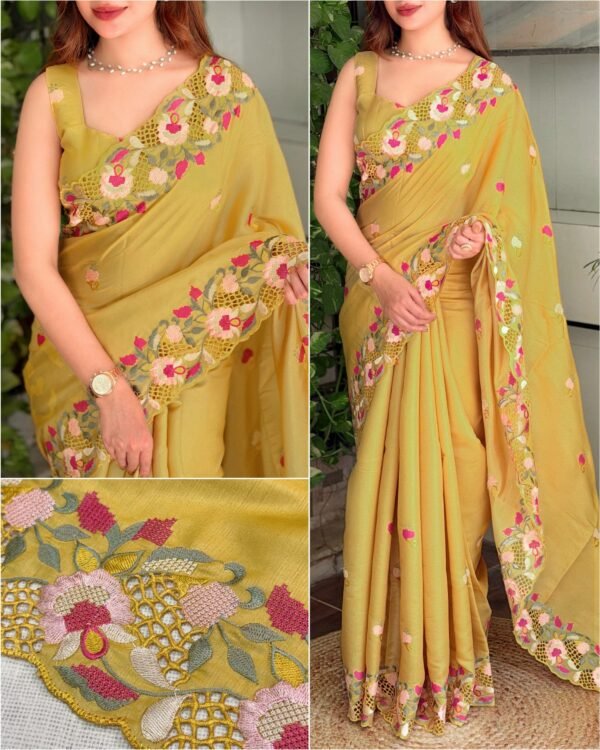 Elly 004- korean tussar saree embroidery and cutwork